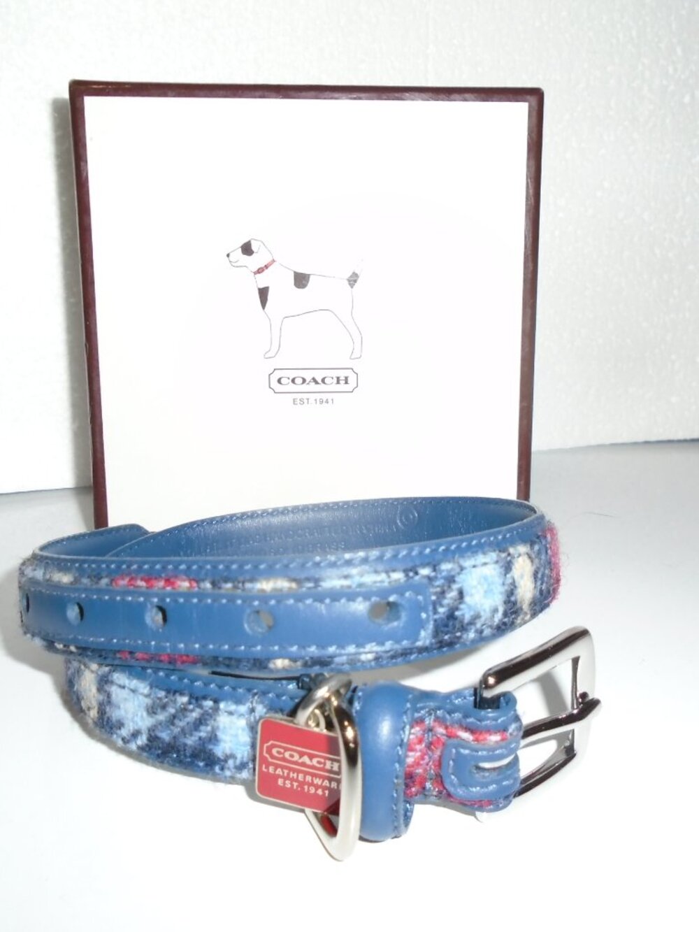 NEW VINTAGE Y2K BLUE LEATHER PLAID WOOL COACH DOG PET COLLAR 8892 SIZE MEDIUM